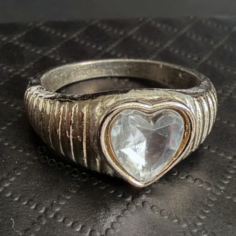 Rhinestone Cocktail Ring Heart Silver Tone